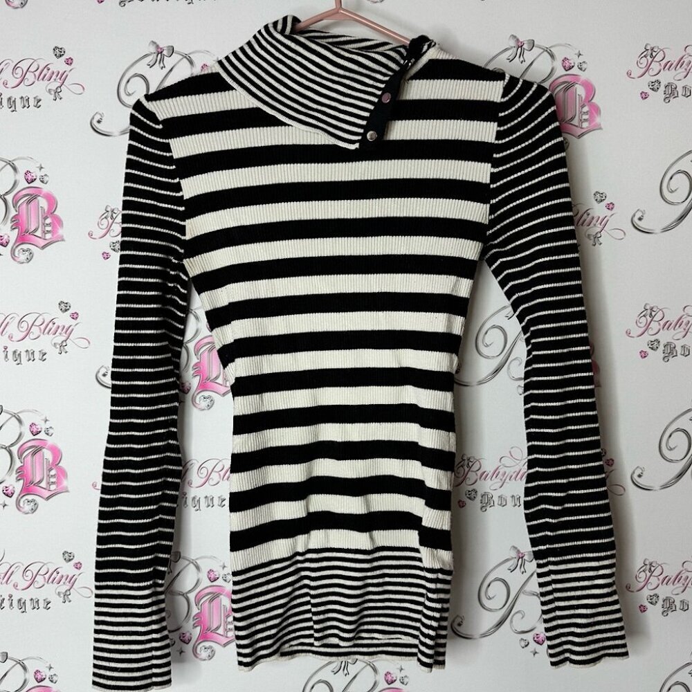 White House black market buttons Black and White Striped Turtleneck Sweater